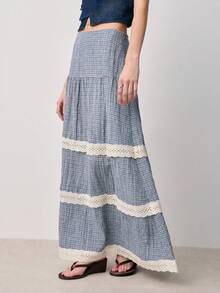 Nöista High Waist Long Skirt In Blue Checks With 3 Contrast Lace Trimming Lines. - Multicolor - View 4