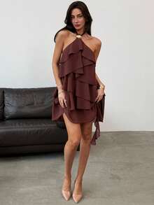 Aloruh 女士甜美多层荷叶边露背系带露脐迷你连衣裙 - 咖啡 - 查看 4