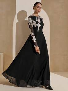 Graceveil 黑色圆领刺绣网纱长袖收腰连衣裙（女款） - 黑色 - 查看 6