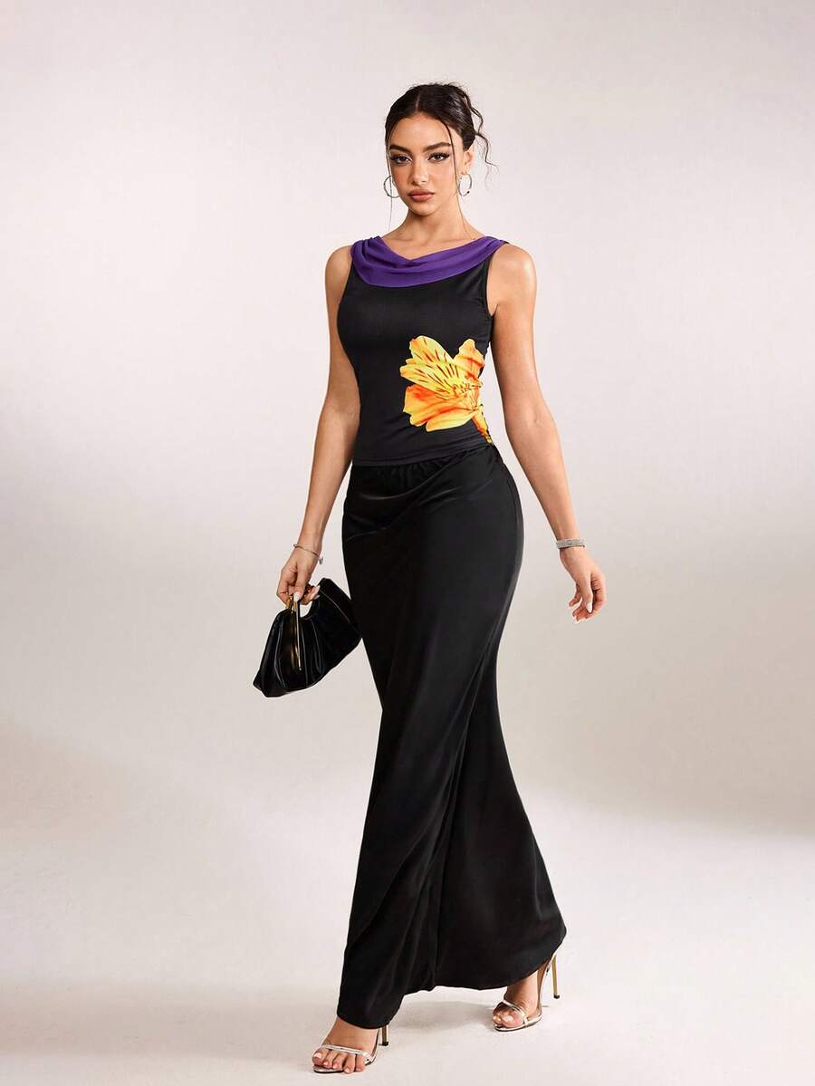 plantica Casual Sexy Urban Chic Floral Contrast Color Print Draped Neck Camisole Top, Suitable For Outings, Travel, Dates, Parties, Holidays, Valentine's Day, Spring/Summer,Going Out,Sexy, Elegant,, Wedding Guest, Music Festival, Musician, Night Club - Multicolor - View 1