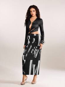 plantica Casual Sexy Urban Chic Minimalist Fashion Women's Black Printed Bodycon Long Sleeve Deep V Metal Buckle Structured Dress, Suitable For Outings, Travel, Dates, Parties, Holidays, Valentine's Day, Spring/Summer,Going Out,Sexy, Elegant,, Wedding Guest, Music Festival, Musician, Night Club - Black - View 3