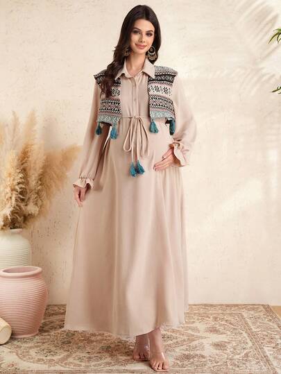 Momance 2pcs Maternity Jacquard Tassel Vest Jacket And Long Sleeve Shirt Dress Set