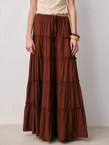 Nöista 棕色多层长裙，腰部抽绳可调节，拼接设计。波西米亚风，适合夏季、春季穿着。 - 棕色 - 查看 1