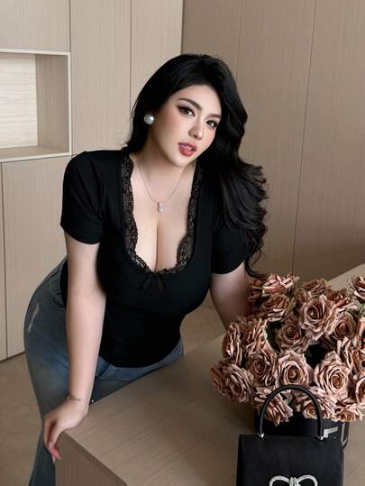 Vibekara 大码女装新款度假可爱蕾丝领蝴蝶结装饰拼接针织毛衣，罗纹修身长袖T恤外套，适合春夏穿着