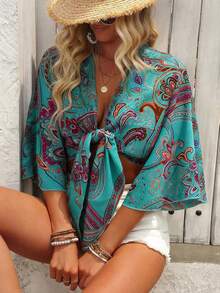 Breezaya 女士波西米亚风印花长袖系带上衣 - 綠色 - 查看 6