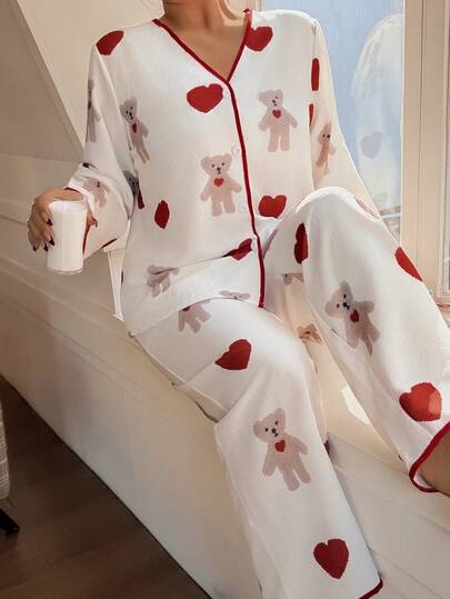 Dream Adore Plus Size Bear Heart Print Textured V-Neck Cardigan Top And Contrast Trim Long Pants Pajama Set Teddy Bear Pajama Set Heart Pajama Set Sleep Wear Women Button Front Valentine's Day Pajamas