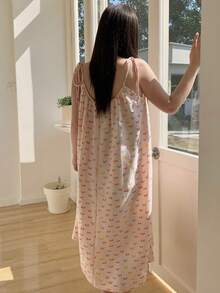 Dazy Plus Plus Size Women's Summer Butterfly Print Contrast Schiffy Ruffle Loose Camisole Nightgown Pajamas - Pink - View 8