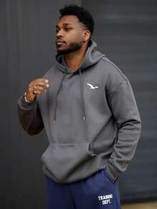 Heavens Edit Men's Autumn/Winter Minimalist Bird Print Pocket Drawstring Hoodie Sweatshirt, Long Sleeve Top - Dark Grey - View 6