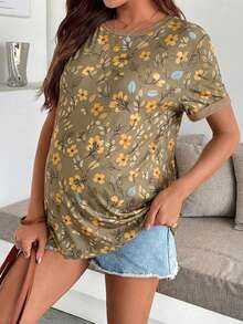 SHEIN 孕妇印花圆领短袖休闲百搭T恤 - 棕色 - 查看 4