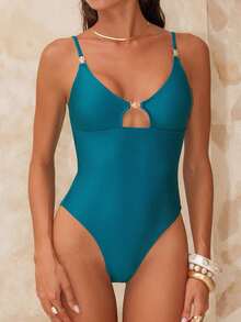 Swim Chiccia 1pc Women's Solid Color Spaghetti Strap Swimsuit With Gold Decor, Adjustable Back - Blue - View 6