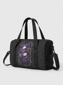 ROMWE Grunge Punk Bolso de hombro con calavera y flores moradas - Rosa Roja - Ver 2