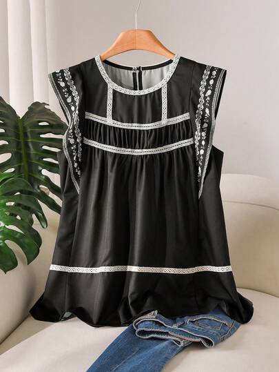 CosyJoli Plus Size Women's Casual Cap Sleeve Blouse, Black Shirt, Spring/Summer Outerwear