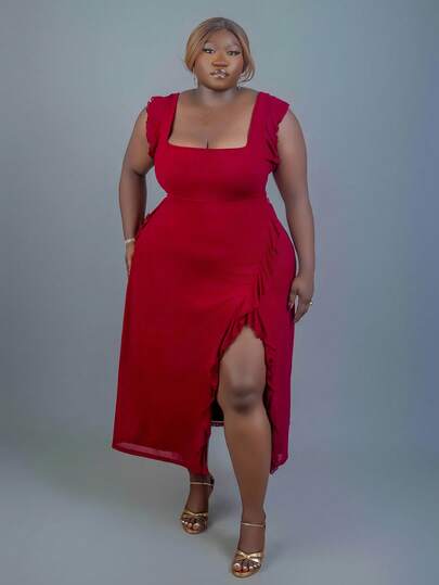 CurvyTilda 加大码方领荷叶边修身连衣裙，婚礼派对，浪漫春季服装，婚礼宾客服装