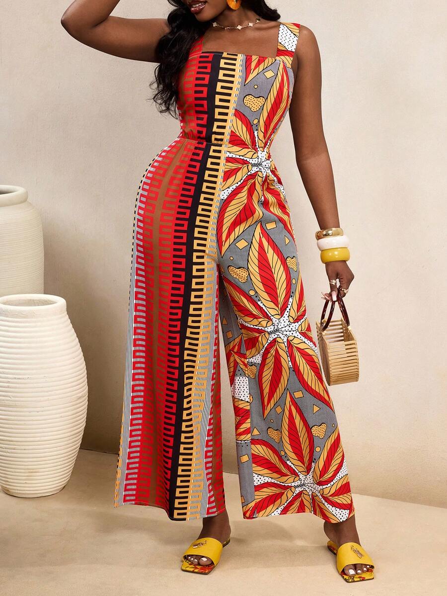 BamGleam Women's Red Orange Plant Print Wide Leg Casual Jumpsuit,Boho Summer Vacation Outfits,Holiday Spring Break Clothing,Beach Outfits For Women - Multicolor - View 1