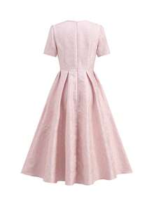 Ellevyn 女士圆领短袖提花纹理面料粉色收腰褶裥A字优雅日常/约会中长连衣裙，早春 - 粉色 - 查看 9