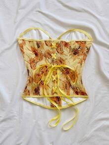 Soleia 女士复古宫廷风彩色花卉提花印花抹胸露脐上衣，带纽扣和后系带 - 黃色 - 查看 2