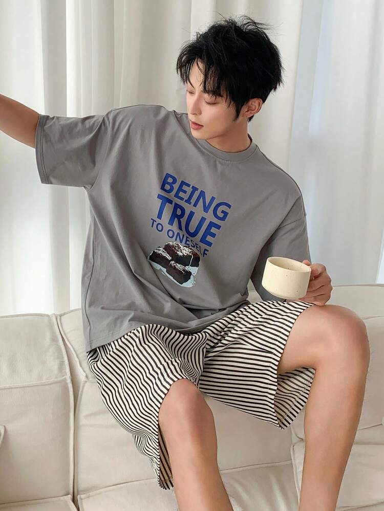 Men's Summer Letter Print Casual Short Sleeve Grey T-Shirt And Shorts Pajama Set