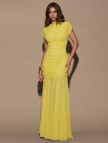 SHEIN BAE 女士酒红色无袖圆领褶皱修身连衣裙，优雅维纳斯女士超长连衣裙，适合度假、节日、圣诞节、派对、约会、生日等场合。 - 黃色 - 查看 7