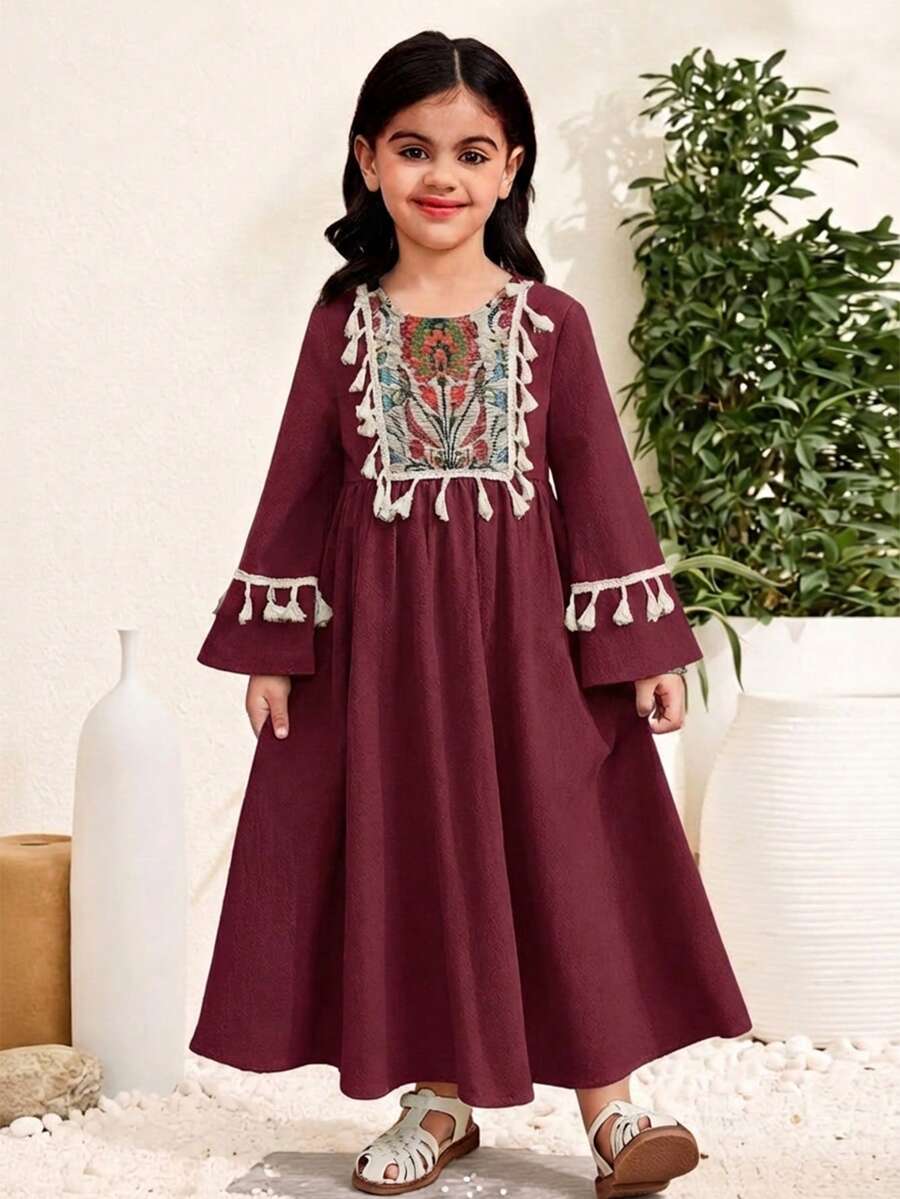 SHEIN Đầm dài tay cổ vuông, tua rua, họa tiết hoa phối hợp, phong cách thường ngày cho bé gái đi nghỉ mát. - Màu Đỏ Sâu - Xem 1
