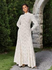 VOLUPTÉ CURVE Đầm dài tay ôm eo màu trắng ngà/kem dệt kim ren rỗng cổ điển thanh lịch, cỡ lớn, phù hợp cho ngày Valentine, mùa xuân/hè. - Màu be - Xem 1