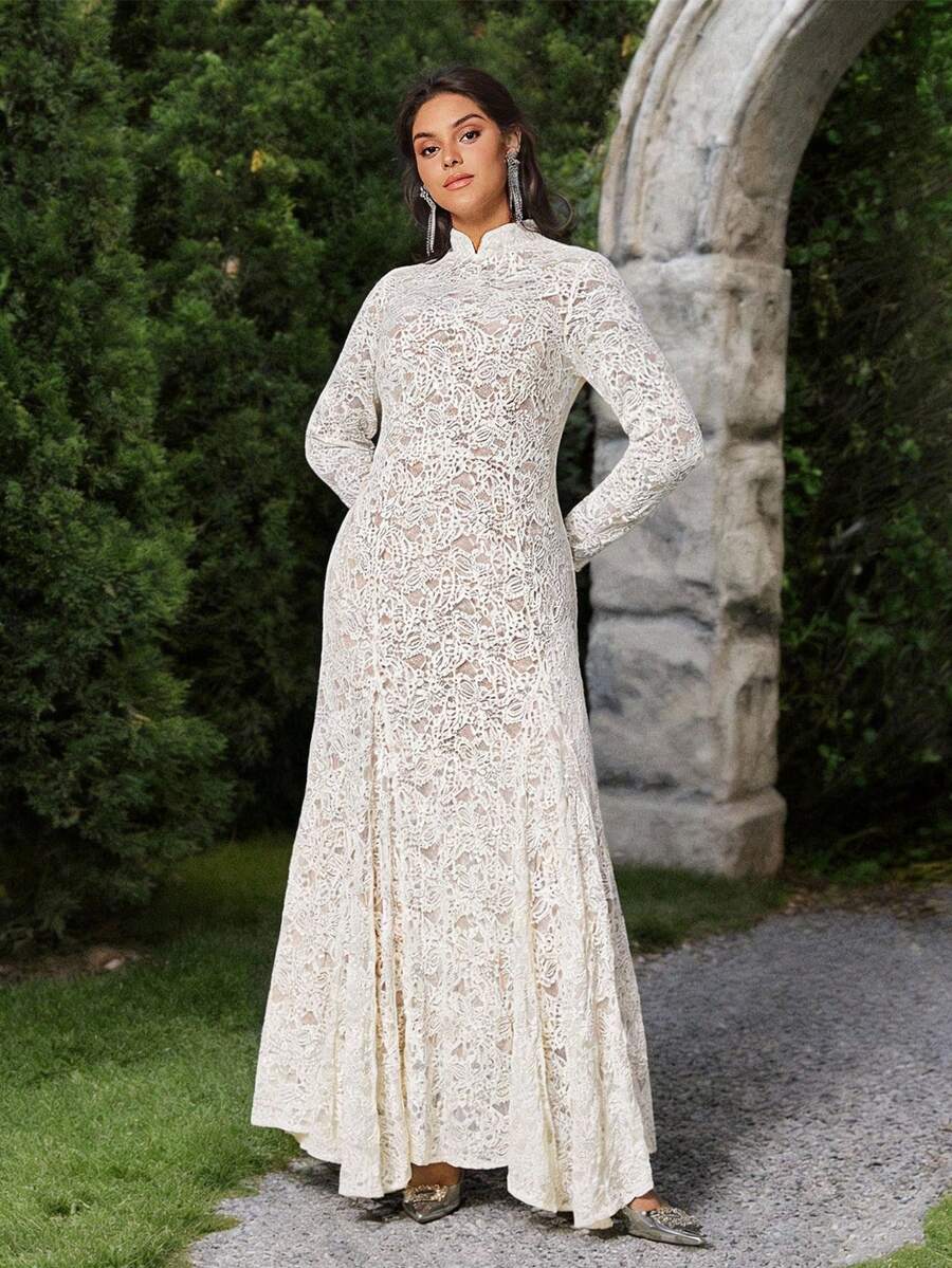 VOLUPTÉ CURVE Đầm dài tay ôm eo màu trắng ngà/kem dệt kim ren rỗng cổ điển thanh lịch, cỡ lớn, phù hợp cho ngày Valentine, mùa xuân/hè. - Màu be - Xem 1