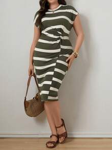 Zelara Striped Waist Knot Hem Slit Fitted Casual Dress - Multicolor - View 5