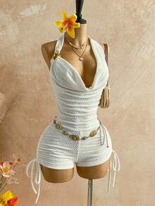 Soleia 女士复古渐变印花网纱金属装饰层叠荷叶边深V领连体裤，性感显瘦时尚，适合派对、约会、情人节、狂欢节、复活节、西部牛仔风、邮轮旅行、假日、海滩、音乐节、波西米亚风度假等场合，四季皆宜。 - 白色 - 查看 9