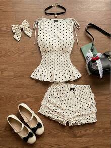 SHEIN MOD Women's Contrast Polka Dot Print Sleeveless Top And Shorts 2 Pieces Set, Valentine's Day Outfit, Spring/Summer, Date Outfit, Beach Outfit, Summer Vacation Outfits, Casual Women Outfits, Polka Dot, Going Out Set, Tea Party Outfit Women, Back To School, 90s Outfit, Party Outfits, Tea Party Outfit - Apricot - View 1