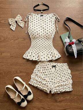 SHEIN MOD Women's Contrast Polka Dot Print Sleeveless Top And Shorts 2 Pieces Set, Valentine's Day Outfit, Spring/Summer, Date Outfit, Beach Outfit, Summer Vacation Outfits, Casual Women Outfits, Polka Dot, Going Out Set, Tea Party Outfit Women, Back To School, 90s Outfit, Party Outfits, Tea Party Outfit