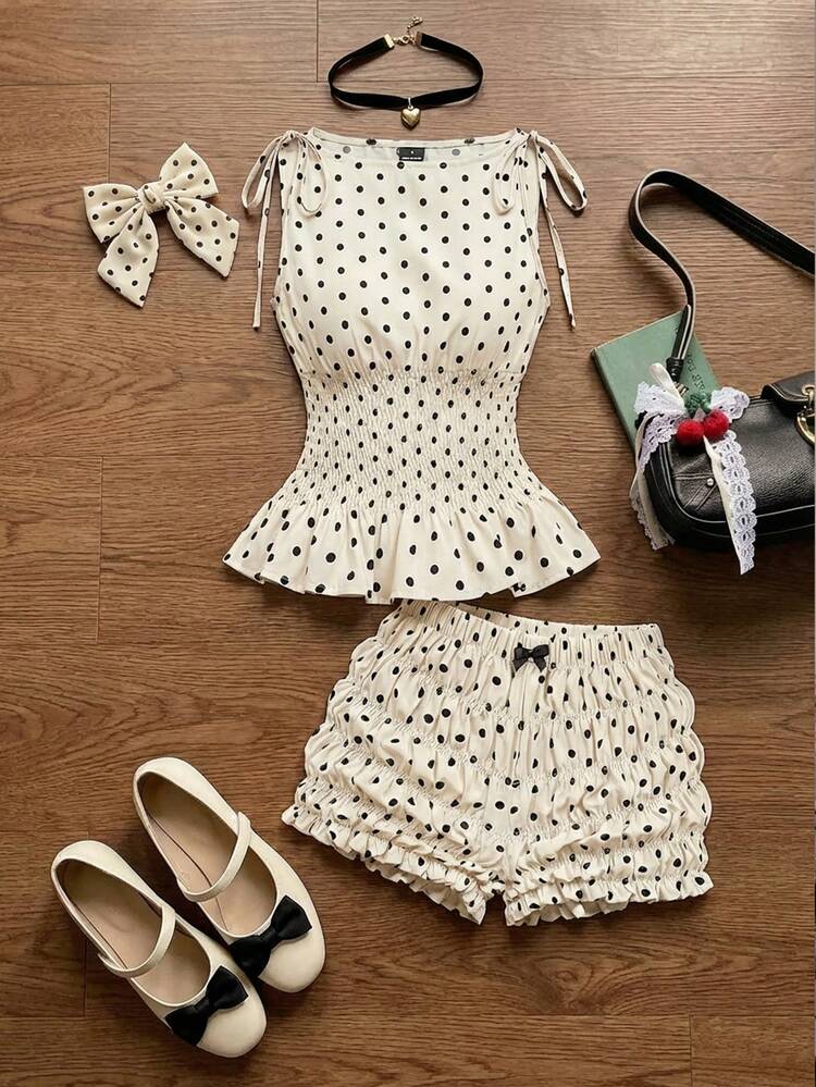 SHEIN MOD Bộ đồ 2 món dành cho nữ: áo không tay và quần short in họa tiết chấm bi tương phản. - Màu be - Xem 1