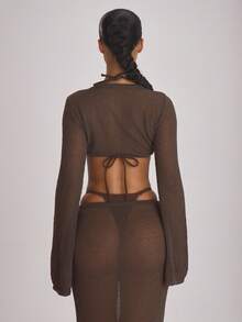 Musera Resort Áo khoác ngoài dáng ngắn tay loe dệt kim, buộc dây phía trước, thích hợp cho kỳ nghỉ hè, du lịch biển, đồ cơ bản màu trơn, phong cách nghỉ dưỡng. - Cà phê nâu - Xem 4