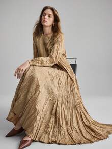 Ontre 2026春夏新款女士长裙，春夏服装，返校季，情人节装扮，女教师制服，晚宴礼服，商务休闲系腰褶长裙，情人节装扮，节日派对礼服，时尚百搭优雅女士长款正式礼服 - 咖啡棕 - 查看 3