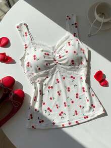 Comfortcana 女士夏季水果樱桃撞色蕾丝蝴蝶结装饰针织吊带背心，水果樱桃吊带衫，适合音乐节、度假季、派对、海滩、聚会等场合。 - 彩色 - 查看 4