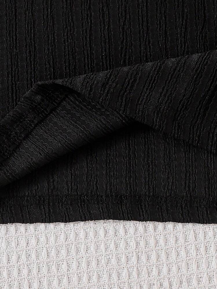 Teenage Boys' Simple Style Loungewear Set, Big Kids' Black Vertical Stripe Short Sleeve & Pants 2-Piece, Loose & Comfortable Casual Homewear, Suitable For Student Dorm & Daily Wear - Black - View 6