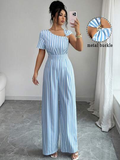 Elenzga Women's Striped & Printed Metal Bucket Jumpsuit