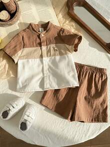 LMoss Kids Baby Boy Summer Colorblock Polo Collar Cardigan Top & Shorts Set,All Shades Of Brown,Casual,Family Matching Campus Style Outing Wear - Multicolor - View 8