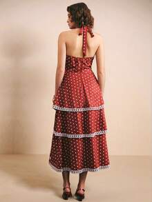 Poéselle 女士波点印花多层露背复古连衣裙 - 紅色 - 查看 2