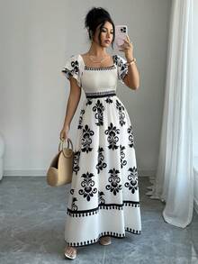 Elenzga Đầm dài mùa hè thanh lịch và thời trang dành cho nữ với họa tiết dệt. - Màu be - Xem 4