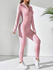 SHEIN PETITE Women's Solid Color Long Sleeve Zip-Up Stand Collar Jumpsuit - Baby Pink - View 4