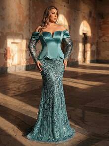 Aureia 大码优雅奢华灰蓝色露肩长袖薄纱弹力缎面拼接珠饰亮片花卉美人鱼连衣裙，适合婚礼、派对、度假、晚宴、正式场合（装饰繁复） - 藍色 - 查看 6