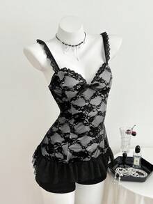 Elamini Áo hai dây ren thắt nơ thanh lịch dành cho nữ - Đen và trắng - Xem 4