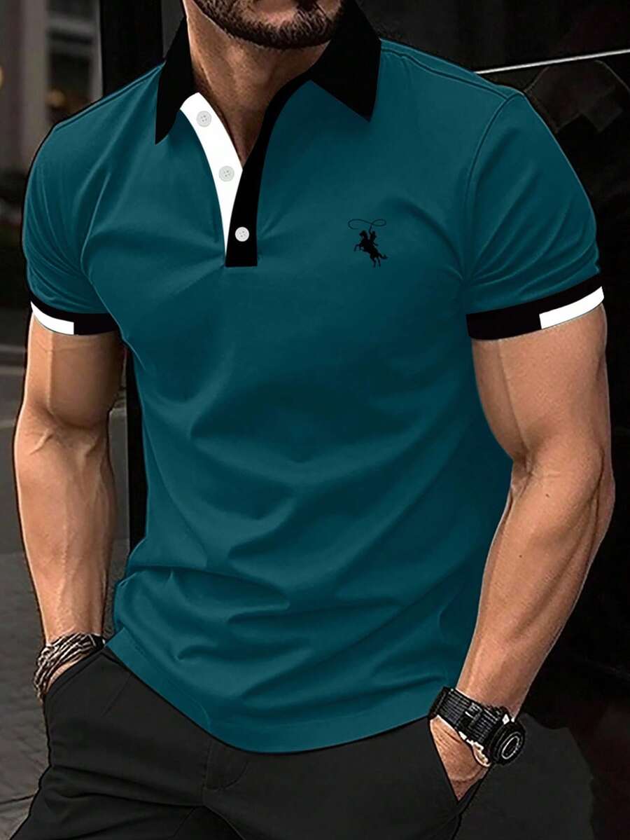 Manfinity Mode Men's Contrast Trim Casual Versatile Cotton Short Sleeve Polo Shirt Golf Shirt, Formal Holiday, Ceremony - Teal Blue - View 1