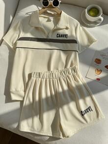 SHEIN Explorewe 2 peças/Conjunto Roupa Polo para Meninas, Top Polo Bege com Fita Refletiva e Decoração com Estampa de Letra + Shorts Esportivos Soltos, Conjunto Esportivo Casual para Uso Diário - Damasco - Visão 7