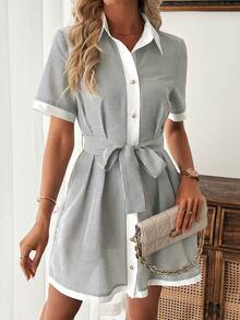 INAWLY 女士优雅条纹撞色白色领口开襟系带腰身喇叭下摆迷你连衣裙 - 灰色 - 查看 3