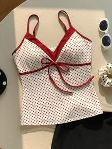 SHEIN EZwear 情人节休闲简约爱心波点印花撞色系带吊带背心（女款） - 彩色 - 查看 6