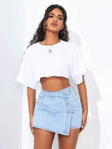 SHEIN ICON Plus Size Women's Light Blue Denim Skirt Pants, Fashionable And Sexy, Spring Outfits - Light Wash - View 5