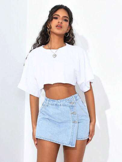 SHEIN ICON Plus Size Women's Light Blue Denim Skirt Pants, Fashionable And Sexy, Spring Outfits