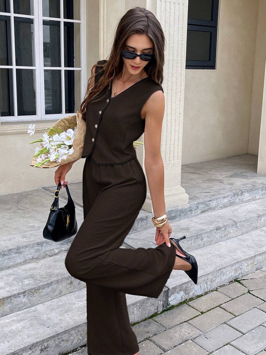 Serisse Bộ đồ 2 mảnh thanh lịch dành cho nữ, cổ chữ V, cài cúc phía trước, gồm áo vest và quần dài. - Cà phê nâu - Xem 1
