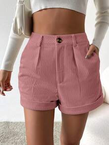 SHEIN Essnce Women's Casual Solid Color Pleated Pocket Shorts, Summer Women Shorts Summer Elegant Shorts - Pink - View 4