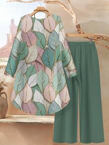 Rusticease 2pcs Women Leaf Marble Print Loose Fit Crew Neck Long Sleeve Top And Pants Set, Autumn/Winter Outfit Blouse Pants Outfit Fall Clothes - Multicolor - View 2